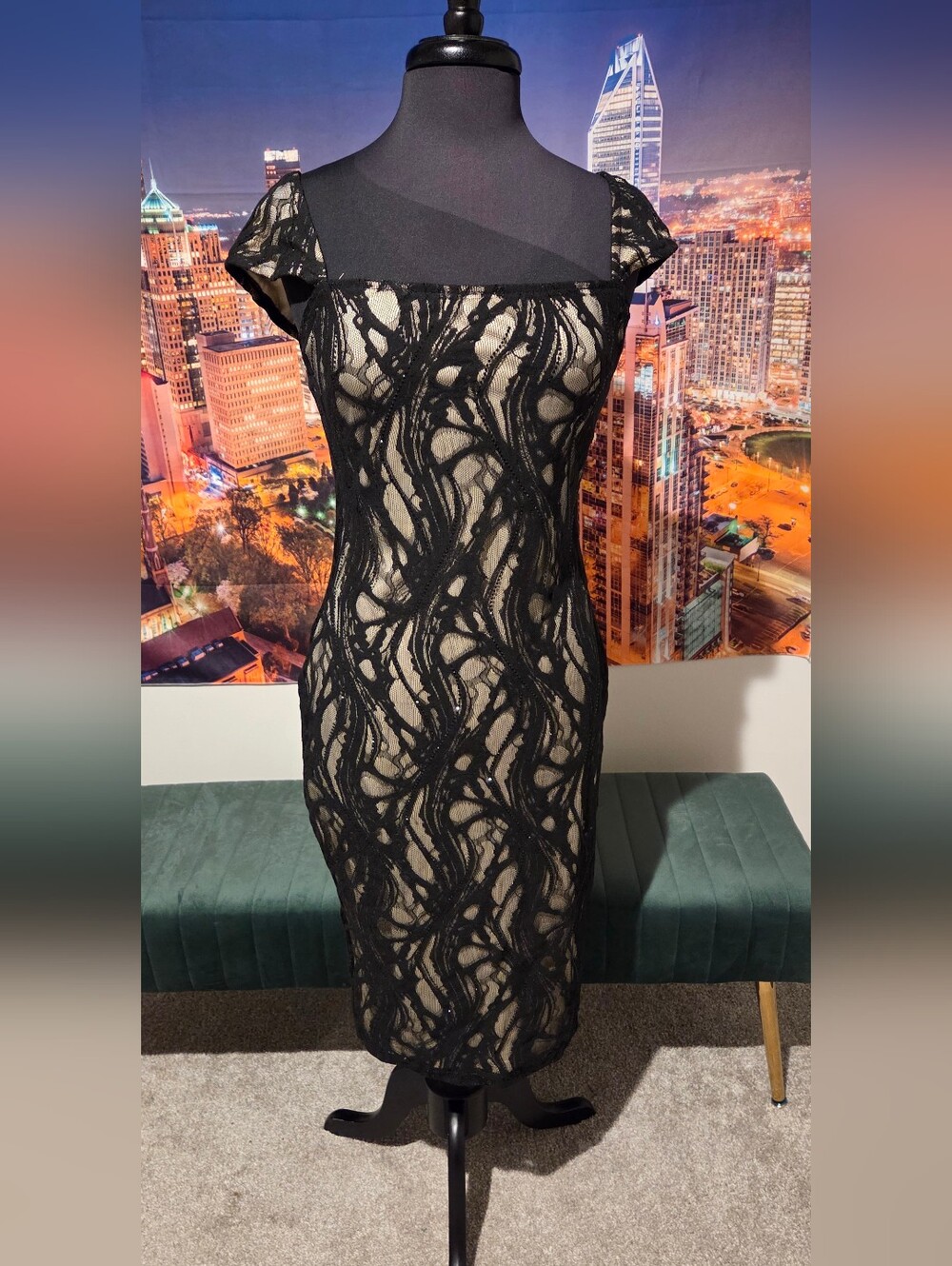 SHEIN Black Lace Midi Dress with Nude Lining